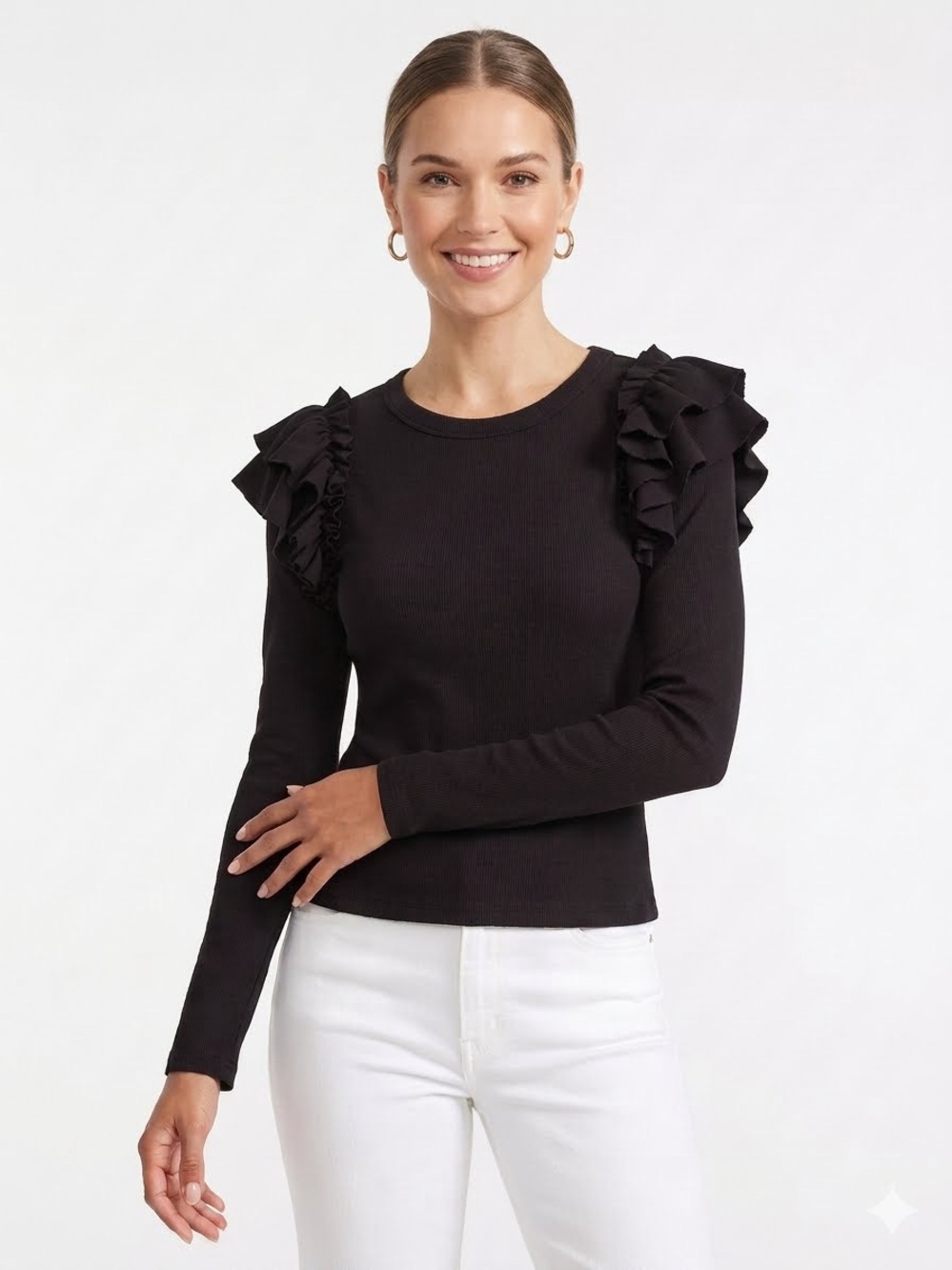 Veronica Beard Jeans Black Ribbed Long-Sleeve Knit Top Statement Ruffle Shoulder